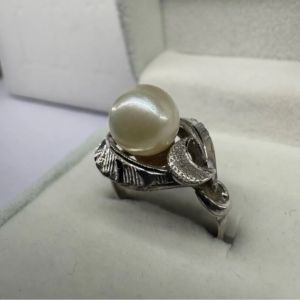Cultured Pearl 925 Sterling Silver Ring Art Deco Size 5.75